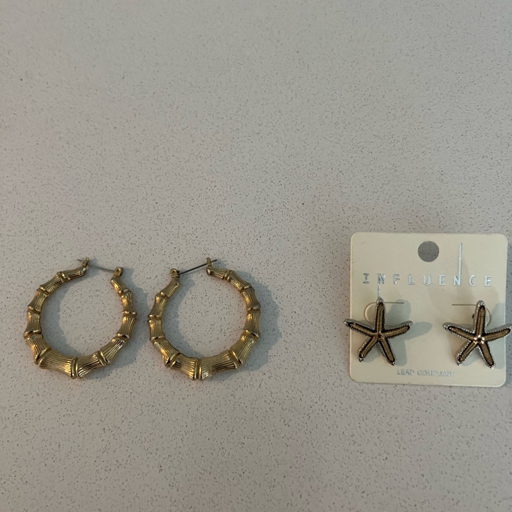 Star fish stud earrings, gold hoop earrings, beaded necklace